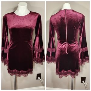 Aqua Velvet Lace Bell Sleeve Mini Dress Velvet